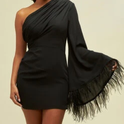Size Small, Cleo One Sleeve Mini Dress - Black Feather-FINAL SALE -ladyblacktie shop 1 63287.1681920172