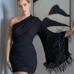 Size Small, Cleo One Sleeve Mini Dress - Black Feather-FINAL SALE