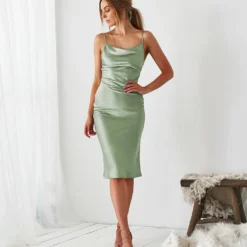 Aspen Midi Dress - Sage Satin -ladyblacktie shop Aspen Sage 1 25560.1654117019
