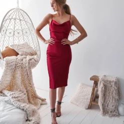 Aspen Midi Dress - Deep Red Satin