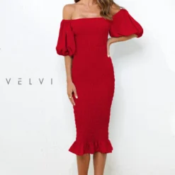 Skyla Shirred Midi Dress - RED -ladyblacktie shop Skyla ShirredMidi dress 1 46772.1603984643