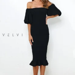 Skyla Shirred Midi Dress - BLACK