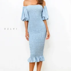 Skyla Shirred Midi Dress - LIGHT BLUE