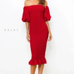 Skyla Shirred Midi Dress - RED -ladyblacktie shop Skyla red 55810.1603984673