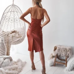 Aspen Midi Dress - Rust Satin -ladyblacktie shop aspen slip dress rust 3 35536.1650913519