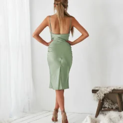 Aspen Midi Dress - Sage Satin -ladyblacktie shop aspen sage back 38697.1651082689