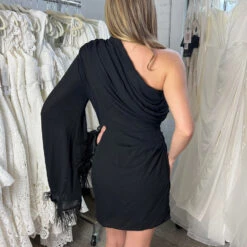 Size Small, Cleo One Sleeve Mini Dress - Black Feather-FINAL SALE -ladyblacktie shop cleo 2 05608.1681328537