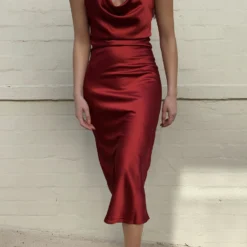 Aspen Midi Dress - Deep Red Satin -ladyblacktie shop deep red aspen 1 84253.1608747118
