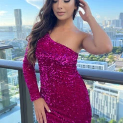 Rita One Sleeve Mini Dress- Fuchsia -ladyblacktie shop fuschia 61353.1664148267