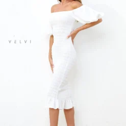 Skyla Shirred Midi Dress - WHITE -ladyblacktie shop skyla 2 30474.1650981513