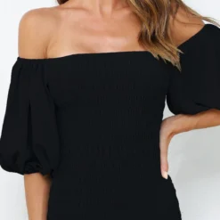 Skyla Shirred Midi Dress - BLACK -ladyblacktie shop skyla closeup blue 42276.1651078315