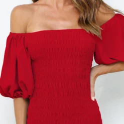 Skyla Shirred Midi Dress - RED -ladyblacktie shop skyla closeup red 65795.1603984691