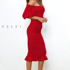 Skyla Shirred Midi Dress - RED