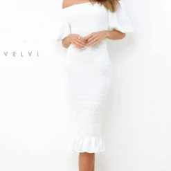 Skyla Shirred Midi Dress - WHITE -ladyblacktie shop skyla white 10 58422.1650981513