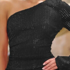 Zena One Sleeve Sequin Mini Dress - Black -ladyblacktie shop zen black copy 51819.1692729607